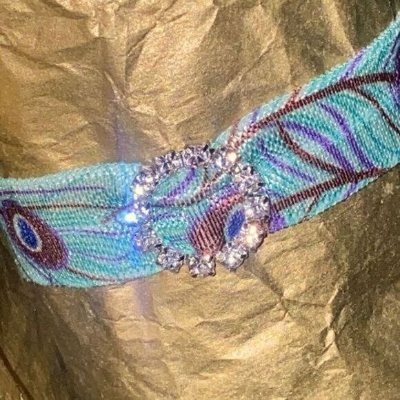 Turquoise Peacock Feather Rhinestone Charm Hair Tie Ponytail Holder Bracelet - Picture 1 of 5